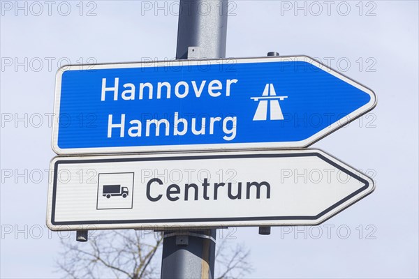 Signposts to the motorway, traffic signs, Germany, Europe