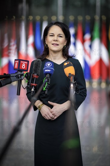 Annalena Baerbock, Federal Foreign Minister, photographed during a doorstep at the meeting of NATO foreign ministers. Brussels, 04.04.2024. Photographed on behalf of the Federal Foreign Office