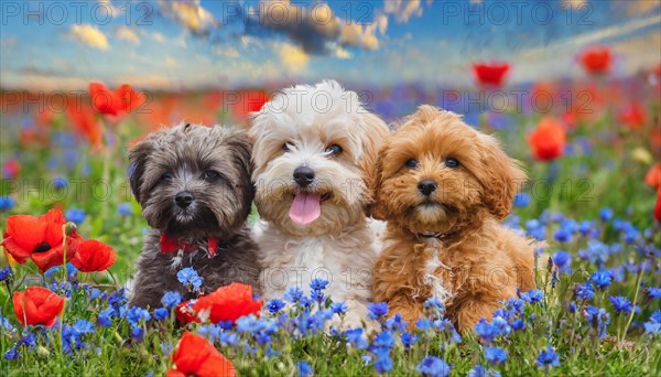 KI generated, animal, animals, mammal, mammals, Maltipoo (Canis lupus familiaris), dog, dogs, bitch, cross between poodle and Maltese, dwarf poodle, small poodle, flower meadow, bitch and two puppies