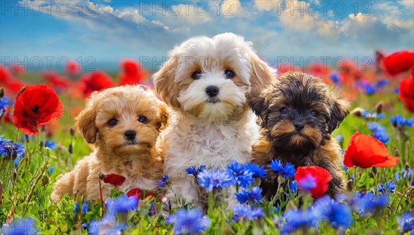 KI generated, animal, animals, mammal, mammals, Maltipoo (Canis lupus familiaris), dog, dogs, bitch, cross between poodle and Maltese, miniature poodle, small poodle, flower meadow, one bitch and two puppies