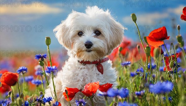 KI generated, animal, animals, mammal, mammals, Maltipoo (Canis lupus familiaris), dog, dogs, bitch, cross between poodle and Maltese, dwarf poodle, small poodle, flower meadow, puppy, cream, white