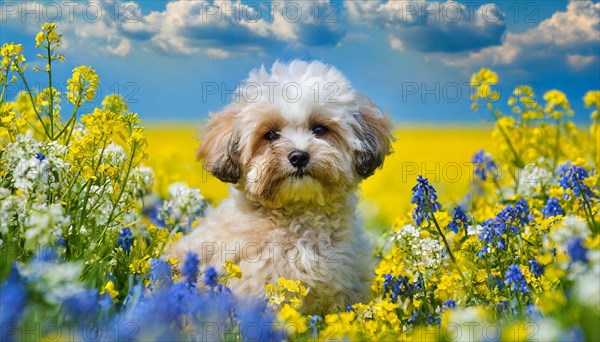 KI generated, animal, animals, mammal, mammals, Maltipoo (Canis lupus familiaris), dog, dogs, bitch, cross between poodle and Maltese, dwarf poodle, small poodle, flower meadow, puppy, cream, white