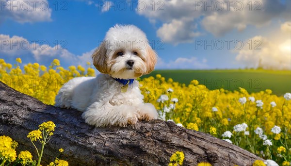 KI generated, animal, animals, mammal, mammals, Maltipoo (Canis lupus familiaris), dog, dogs, bitch, cross between poodle and Maltese, dwarf poodle, small poodle, flower meadow, tree trunk, small puppy lying on tree trunk in front of rape field