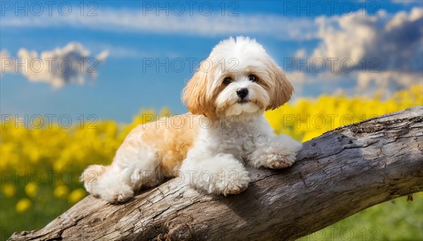 KI generated, animal, animals, mammal, mammals, Maltipoo (Canis lupus familiaris), dog, dogs, bitch, cross between poodle and Maltese, dwarf poodle, small poodle, flower meadow, tree trunk, small puppy lying on tree trunk in front of rape field