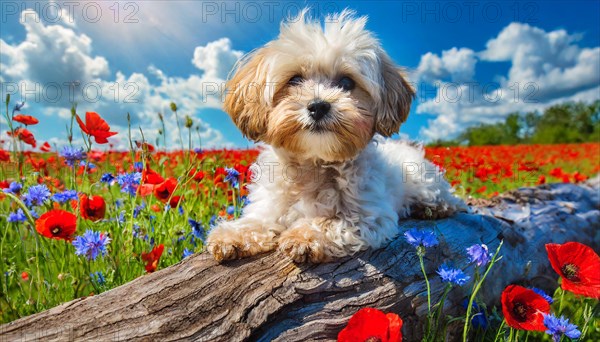 KI generated, animal, animals, mammal, mammals, Maltipoo (Canis lupus familiaris), dog, dogs, bitch, cross between poodle and Maltese, dwarf poodle, small poodle, flower meadow, tree trunk, small puppy lying on tree trunk, flowers