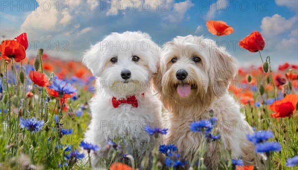 KI generated, animal, animals, mammal, mammals, Maltipoo (Canis lupus familiaris), dog, dogs, bitch, cross between poodle and Maltese, dwarf poodle, small poodle, flower meadow, two, pair, cream, white