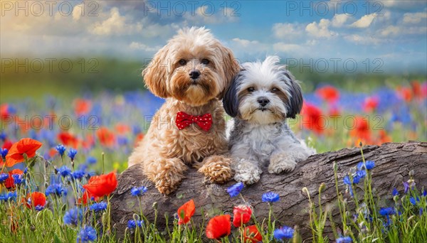 KI generated, animal, animals, mammal, mammals, Maltipoo (Canis lupus familiaris), dog, dogs, bitch, cross between poodle and Maltese, dwarf poodle, small poodle, flower meadow, two, bitch with puppy