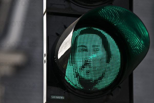 Green Engels traffic light at the Engels House, the birthplace of Friedrich Engels, historic centre, Wuppertal, North Rhine-Westphalia, Germany, Europe