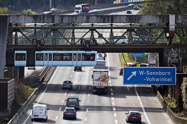 Wuppertal suspension railway crosses the A46 motorway at Sonnborner Kreuz, inner-city motorway junction, Wuppertal, North Rhine-Westphalia, Germany, Europe