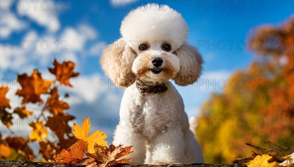KI generated, animals, mammals, dog, domestic dogs (Canis lupus familiaris), white, white, autumn, autumn leaves