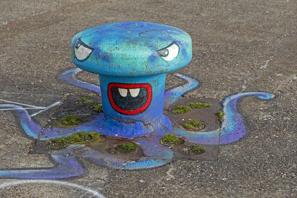 Painted bollard, octopus, harbour, Dunkirk, France, Europe