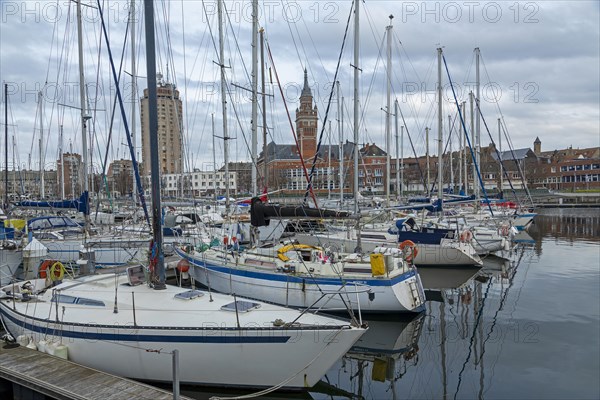 Boats, marina, skyscraper, houses, tower of the Hotel de Ville, town hall, Dunkirk, France, Europe