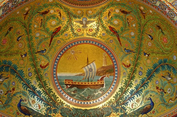 Church of Notre-Dame de la Garde, Marseille, A detailed mosaic with a ship on the sea surrounded by floral patterns, Marseille, Departement Bouches du Rhone, Region Provence Alpes Cote d'Azur, France, Europe