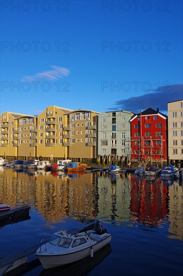 Wooden houses reflected in the calm waters of the River Nidarelva, Trondheim, Troendelag, Norway, Europe