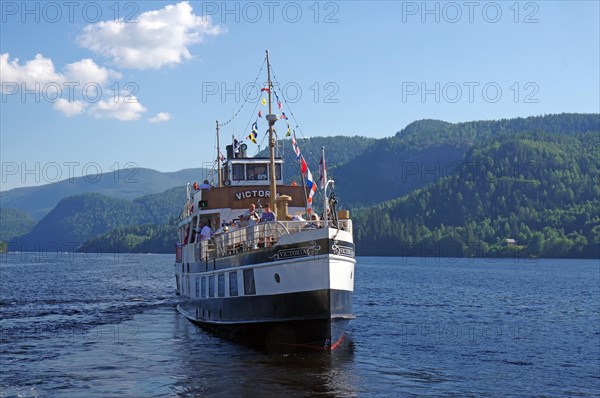 Historic canal boat MS Victoria on the Telemark Canal, mountains and lakes, shipping, historic waterway, Telemark, Norway, Europe