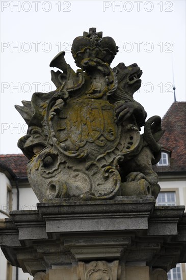 Langenburg Castle, Baroque coat of arms on stone with detailed ornaments, Langenburg Castle, Langenburg, Baden-Wuerttemberg, Germany, Europe