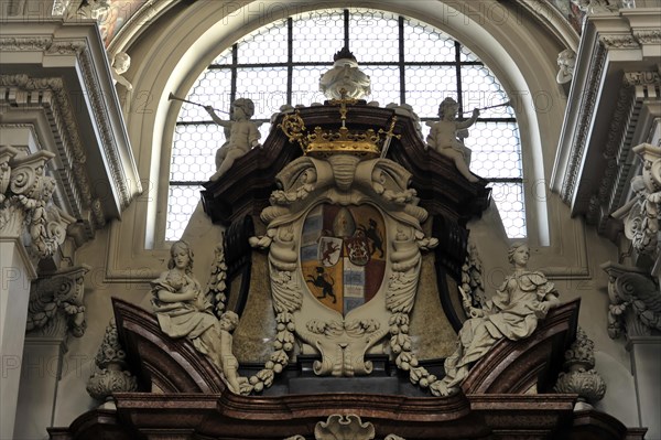 St Stephen's Cathedral, Passau, Baroque sculpture gallery with coats of arms and angels on a stained glass window, St Stephen's Cathedral, Passau, Bavaria, Germany, Europe