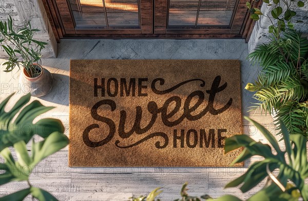 Home sweet home welcome mat at front door of house. generative AI, AI generated