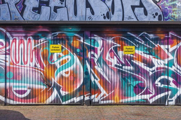 Graffiti, colourfully painted garage door, Bremen, Germany, Europe