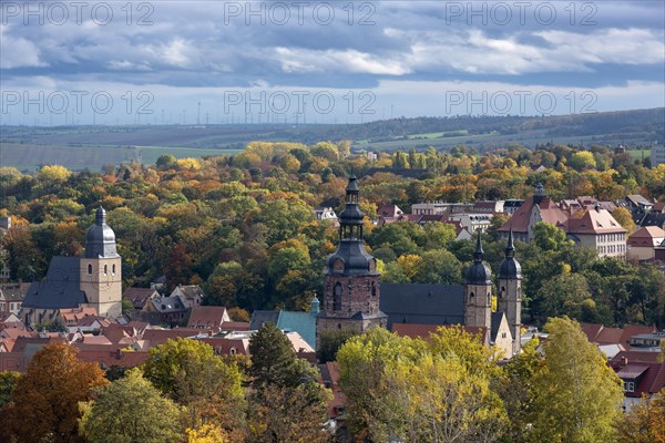 View of Eisleben in autumn, town view, Luther's baptistery on the left, St Andrew's Church on the right, Luther city Eisleben, Saxony-Anhalt, Germany, Europe