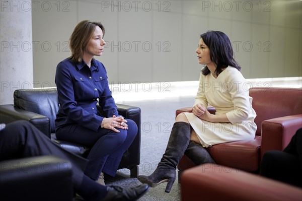 (R-L) Annalena Baerbock, Federal Foreign Minister, meets Hanke Bruins Slot, Foreign Minister of the Netherlands, for talks on the margins of the meeting of NATO foreign ministers. Brussels, 03.04.2024. Photographed on behalf of the Federal Foreign Office
