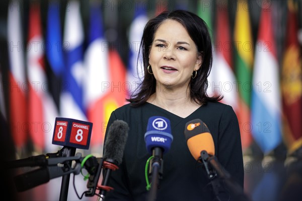 Annalena Baerbock, Federal Foreign Minister, photographed during a doorstep at the meeting of NATO foreign ministers. Brussels, 04.04.2024. Photographed on behalf of the Federal Foreign Office