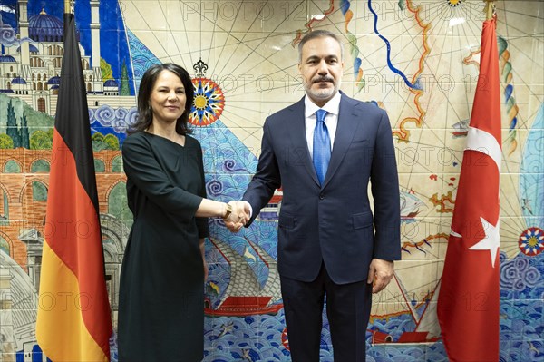 (L-R) Annalena Baerbock, Federal Minister for Foreign Affairs, meets Hakan Fidan, Minister for Foreign Affairs of the Republic of Turkey, for talks on the margins of the NATO Foreign Ministers' Meeting. Brussels, 04.04.2024. Photographed on behalf of the Federal Foreign Office