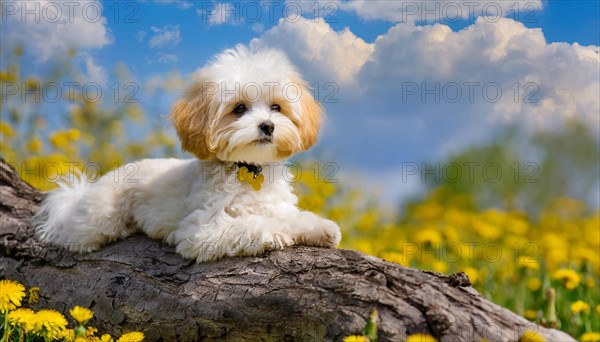 KI generated, animal, animals, mammal, mammals, Maltipoo (Canis lupus familiaris), dog, dogs, bitch, cross between poodle and Maltese, dwarf poodle, small poodle, flower meadow, tree trunk, small puppy lying on tree trunk in front of rape field