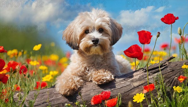 KI generated, animal, animals, mammal, mammals, Maltipoo (Canis lupus familiaris), dog, dogs, bitch, cross between poodle and Maltese, dwarf poodle, small poodle, flower meadow, tree trunk, small puppy lying on tree trunk, flowers