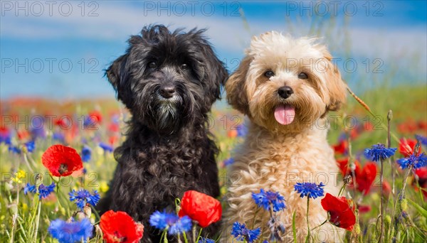 KI generated, animal, animals, mammal, mammals, Maltipoo (Canis lupus familiaris), dog, dogs, bitch, cross between poodle and Maltese, dwarf poodle, small poodle, flower meadow, two, pair, cream, black