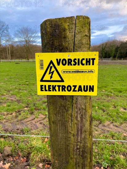 Warning sign on fence post with electric fence from cattle pasture in wolf territory, North Rhine-Westphalia, Germany, Europe