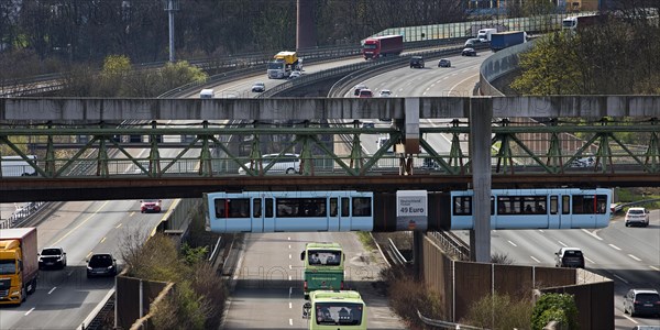 Wuppertal suspension railway crosses the A46 motorway at Sonnborner Kreuz, motorway junction, Wuppertal, North Rhine-Westphalia, Germany, Europe