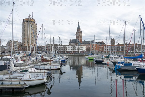 Boats, marina, skyscraper, houses, tower of the Hotel de Ville, town hall, Dunkirk, France, Europe