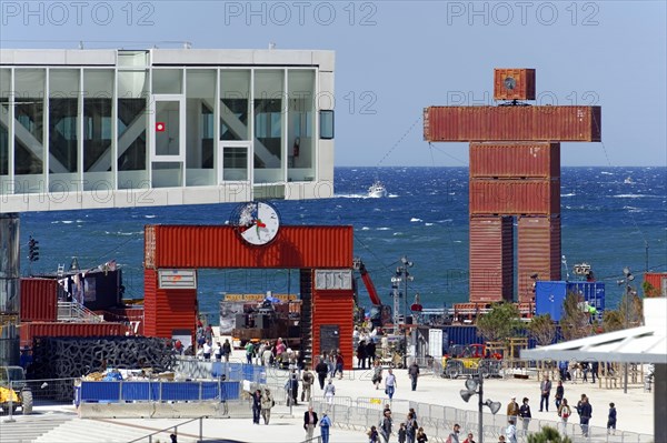Container sculpture, Marseille, Colourful lively promenade with unique container structures and sea view in the background, Marseille, Departement Bouches-du-Rhone, Region Provence-Alpes-Cote d'Azur, France, Europe