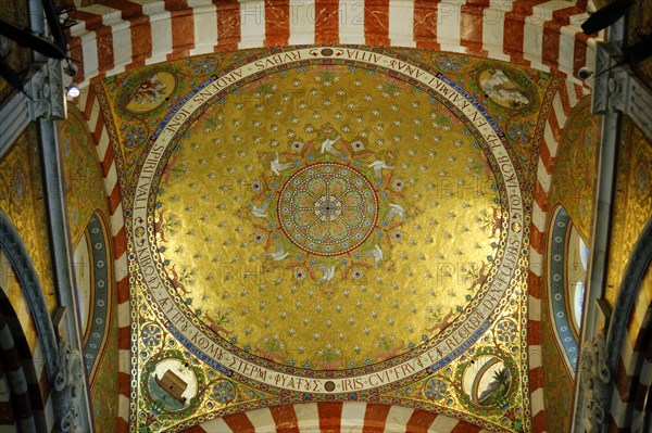 Interior view, Marseille Cathedral or Cathedrale Sainte-Marie-Majeure de Marseille, 1852-1896, Marseille, An impressive golden ceiling mosaic in a church with a symmetrical pattern, Marseille, Departement Bouches-du-Rhone, Region Provence-Alpes-Cote d'Azur, France, Europe
