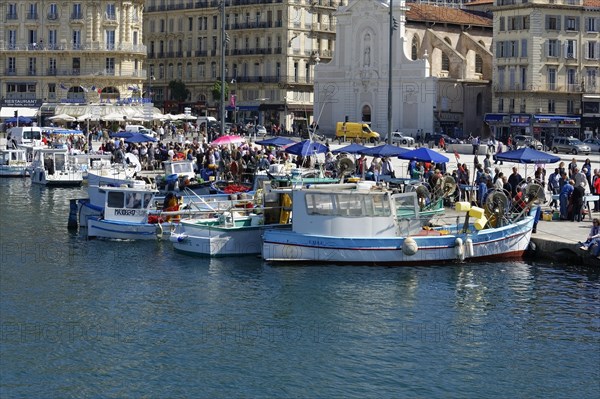 Marseille harbour, market bustle at the harbour with people, boats and stalls, Marseille, Departement Bouches-du-Rhone, Region Provence-Alpes-Cote d'Azur, France, Europe