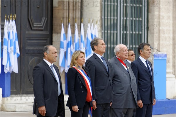 Marseille City Hall, dignitaries stand solemnly at a ceremony with flags in the background, Marseille, Departement Bouches-du-Rhone, Provence-Alpes-Cote d'Azur region, France, Europe