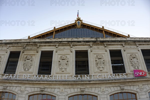 Marseille-Saint-Charles railway station, Marseille, detailed view of the facade of Marseille Saint Charles railway station, Marseille, Departement Bouches-du-Rhone, Provence-Alpes-Cote d'Azur region, France, Europe