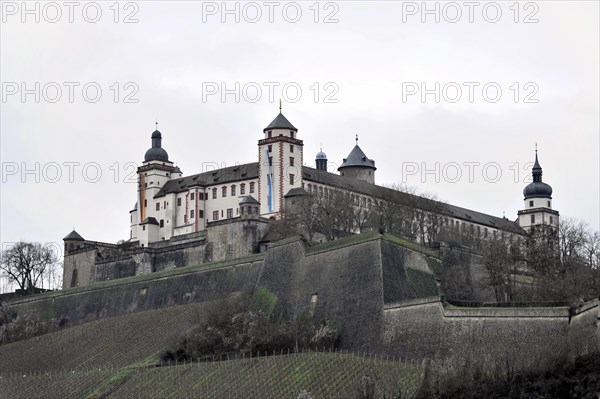 View of Marienberg Fortress, UNESCO World Heritage Site, Wuerzburg, Historic fortress on a hill above a vineyard with several striking towers, Wuerzburg, Lower Franconia, Bavaria, Germany, Europe