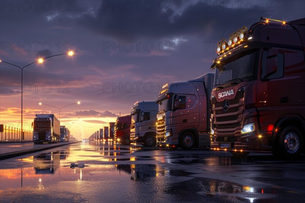 Many trucks in international long-distance traffic park at night, on weekends and over the holidays in a congested, overcrowded motorway service area, symbolic image for precarious parking situation, parking shortage for long-distance drivers, truck drivers, truckers on German motorways, AI generated, AI generated, AI generated