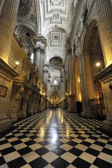 Jaen, Catedral de Jaen, Cathedral of Jaen from the 13th century, Renaissance art epoch, Jaen, Long aisle with columns and black and white floor pattern, Jaen, Andalusia, Spain, Europe