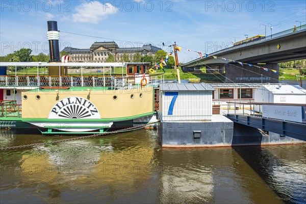 The historic paddle steamer PILLNITZ at the steamer landing stage on the Terrassenufer in Dresden, Saxony, Germany, Europe