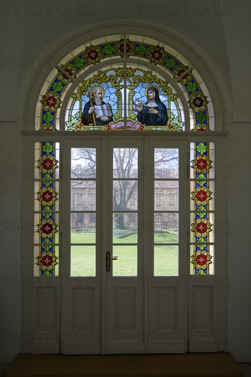 Interior view, door, cloister, Benedictine monastery Rajhrad, Loucka, Rajhrad, Jihomoravsky kraj, Czech Republic, Europe