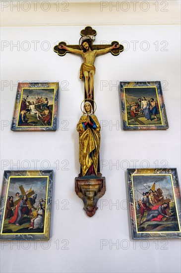 Crucifix with statue of the Virgin Mary and Stations of the Cross, Church of St Alexander and St George, Memhoelz, Allgaeu, Swabia, Bavaria, Germany, Europe