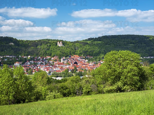 View of the town of Treffurt in the Werra Valley and Normannstein Castle, Treffurt, Thuringia, Germany, Europe