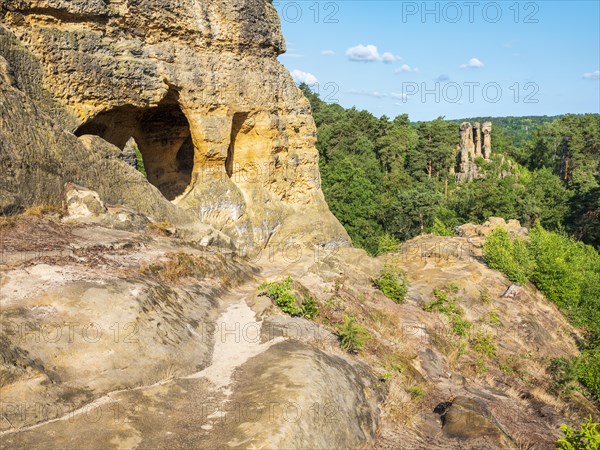 Klusfelsen and Fuenffingerfelsen in the Klusberge, sandstone rocks with natural and artificial caves in the Harz Mountains, Halberstadt, Saxony-Anhalt, Germany, Europe