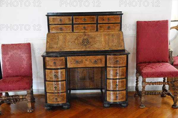 Langenburg Castle, Antique wooden secretary with marquetry, opened up next to elegant chairs, Langenburg Castle, Langenburg, Baden-Wuerttemberg, Germany, Europe
