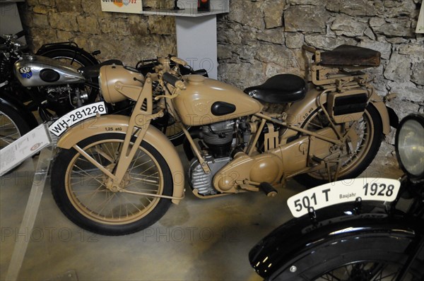 German Car Museum Langenburg, Beige military motorbike from the Second World War in an exhibition, German Car Museum Langenburg, Langenburg, Baden-Wuerttemberg, Germany, Europe