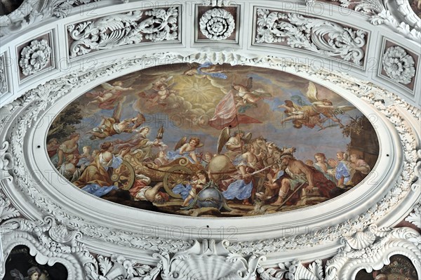 Opulent baroque ceiling painting with mythological scenes and angels, St Stephen's Cathedral, Passau, Bavaria, Germany, Europe