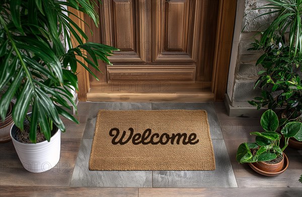 Welcome mat at front door of house. generative AI, AI generated